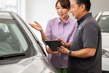 宜野湾の施工相談スペースで外国人オーナーと車の状態を確認するスタッフ