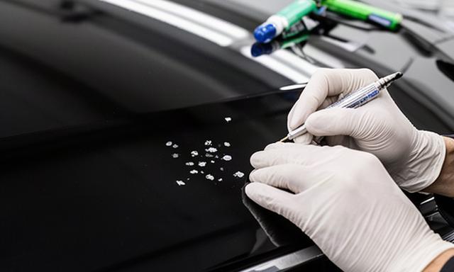 飛び石跡を確認しながら補修する黒い高級車のボンネット