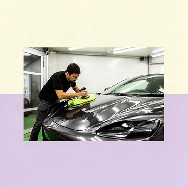 宜野湾の屋内施工スペースで高級スポーツカーのボディを丁寧に磨くスタッフ