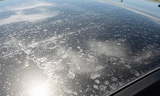 沖縄の強い日差しを受けた高級車のルーフに残るウォータースポット