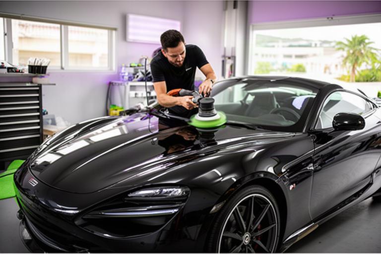 沖縄の整備スペースで黒い高級スポーツカーのボンネットを磨くディテーリング作業